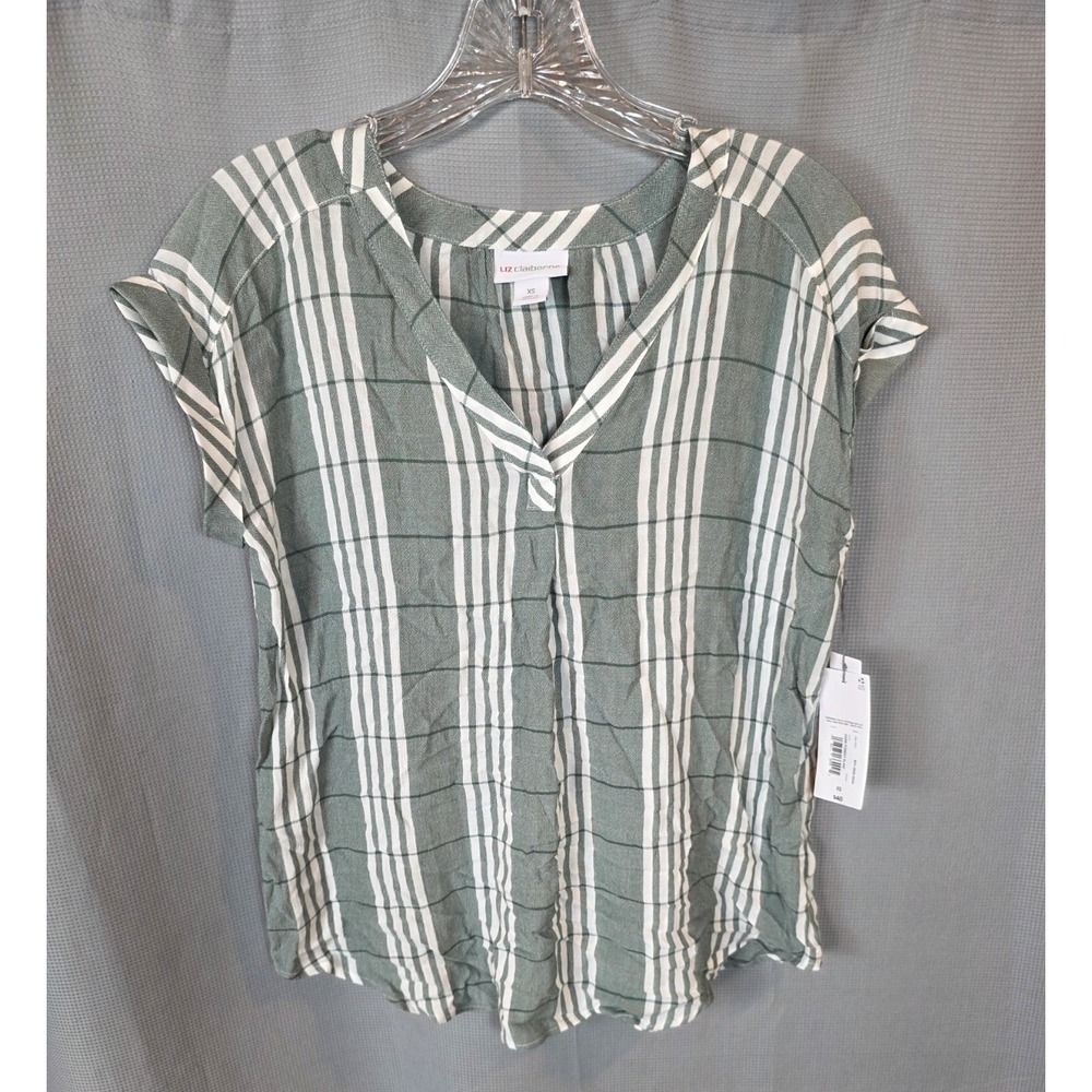 Liz Claiborne Women's XS Cap Sleeve Blouse Size V-Neck Plaid Green White NWT